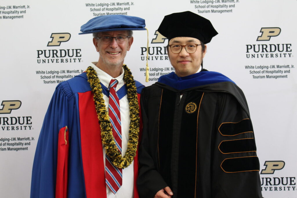 Scenes from Purdue HTM commencement and reception featuring graduates from undergraduate, master’s, and PhD programs.