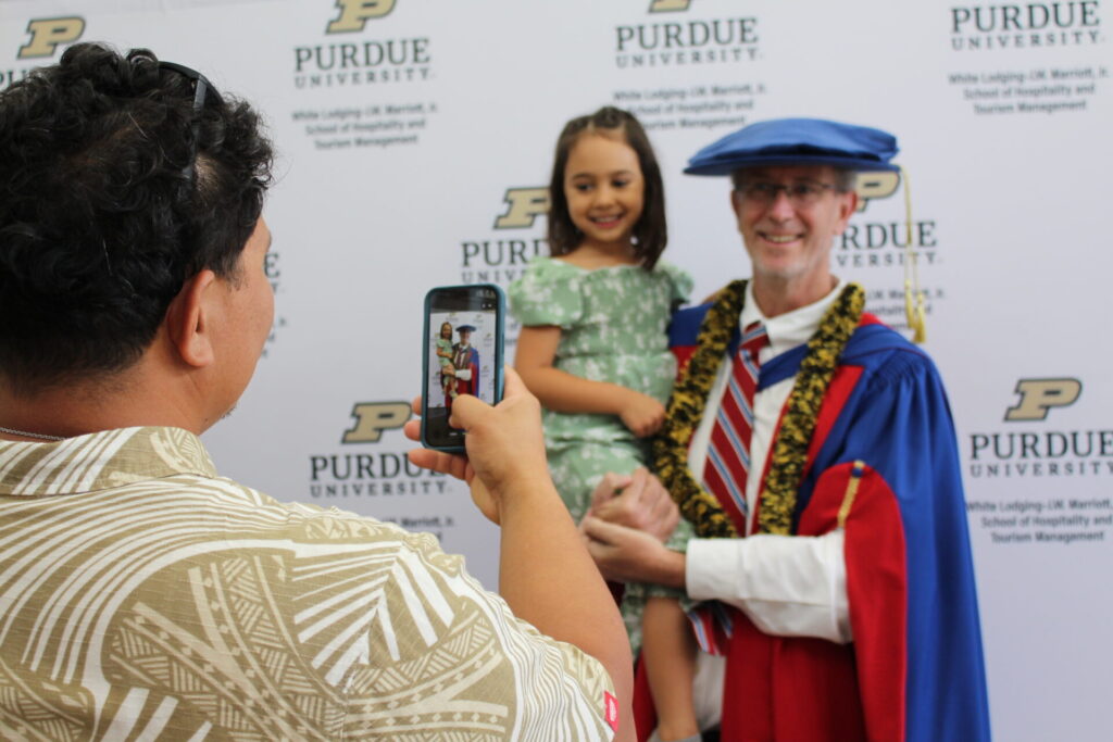 Scenes from Purdue HTM commencement and reception featuring graduates from undergraduate, master’s, and PhD programs.