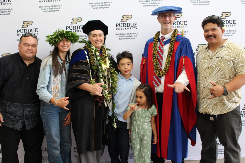 Scenes from Purdue HTM commencement and reception featuring graduates from undergraduate, master’s, and PhD programs.