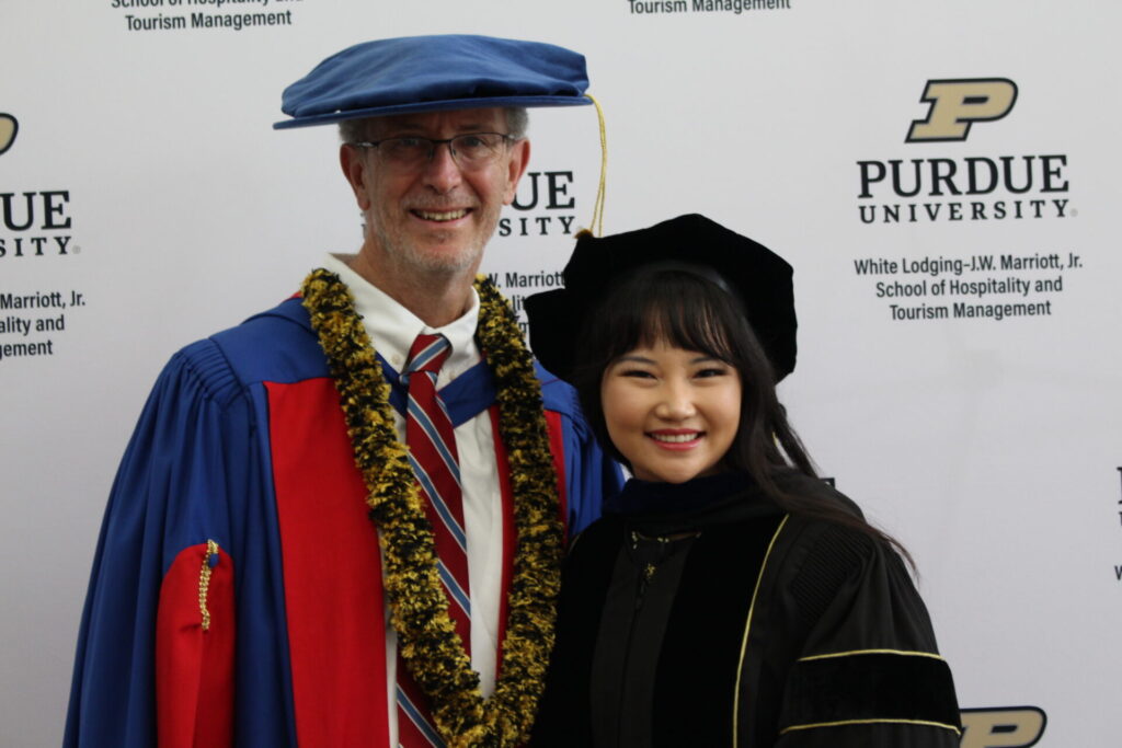 Scenes from Purdue HTM commencement and reception featuring graduates from undergraduate, master’s, and PhD programs.