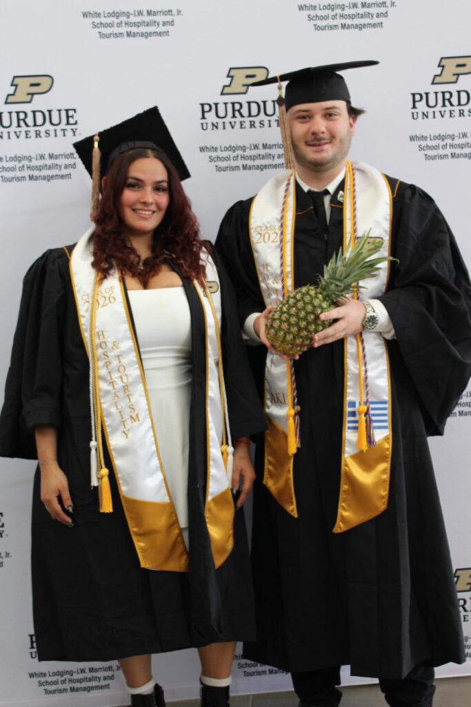 Scenes from Purdue HTM commencement and reception featuring graduates from undergraduate, master’s, and PhD programs.