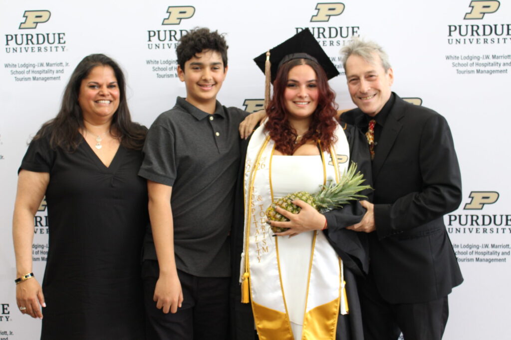 Scenes from Purdue HTM commencement and reception featuring graduates from undergraduate, master’s, and PhD programs.