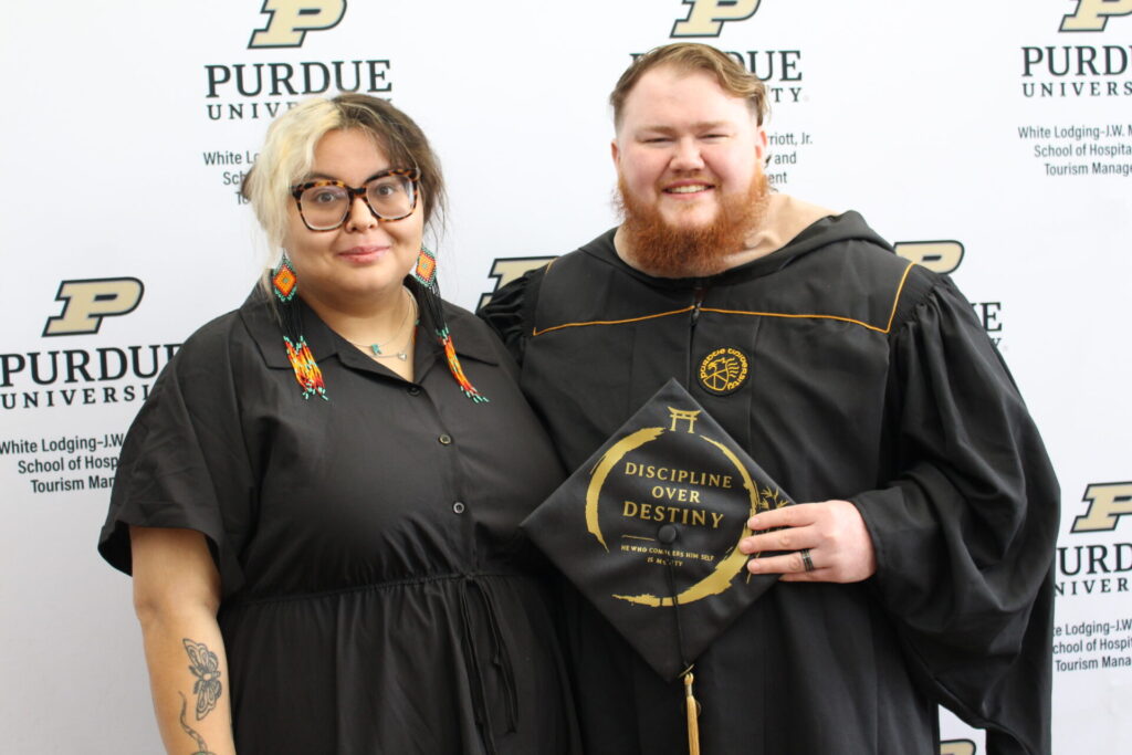 Scenes from Purdue HTM commencement and reception featuring graduates from undergraduate, master’s, and PhD programs.