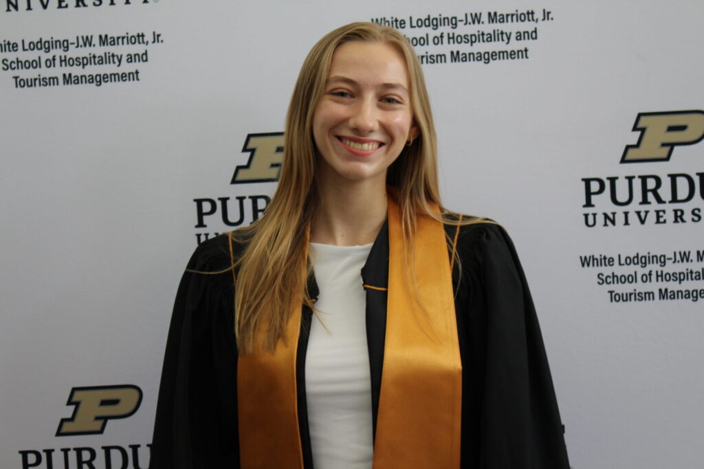 Scenes from Purdue HTM commencement and reception featuring graduates from undergraduate, master’s, and PhD programs.