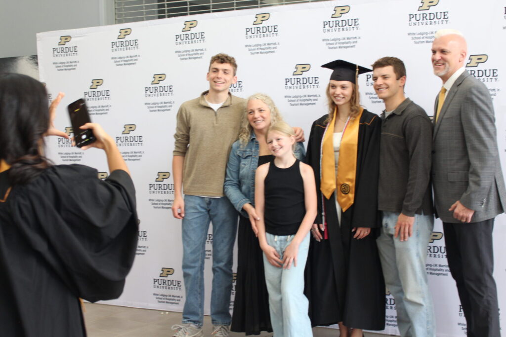 Scenes from Purdue HTM commencement and reception featuring graduates from undergraduate, master’s, and PhD programs.