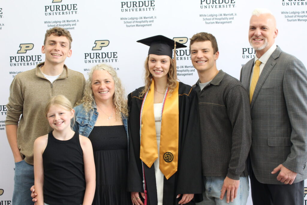 Scenes from Purdue HTM commencement and reception featuring graduates from undergraduate, master’s, and PhD programs.