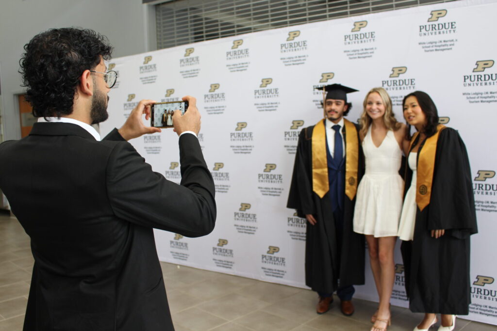Scenes from Purdue HTM commencement and reception featuring graduates from undergraduate, master’s, and PhD programs.