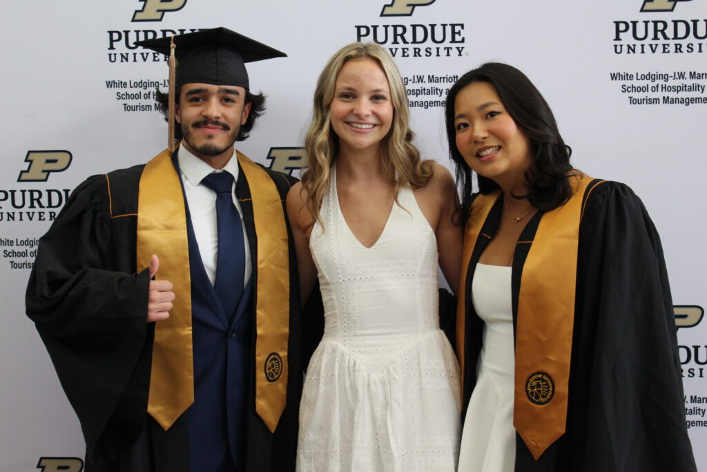 Scenes from Purdue HTM commencement and reception featuring graduates from undergraduate, master’s, and PhD programs.