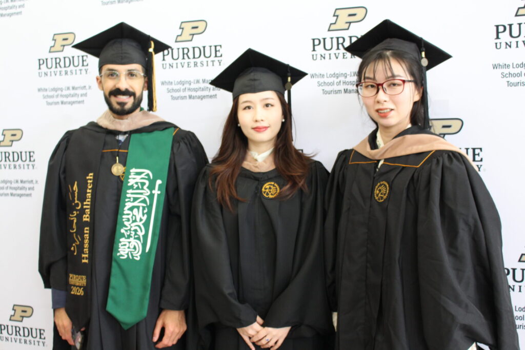 Scenes from Purdue HTM commencement and reception featuring graduates from undergraduate, master’s, and PhD programs.