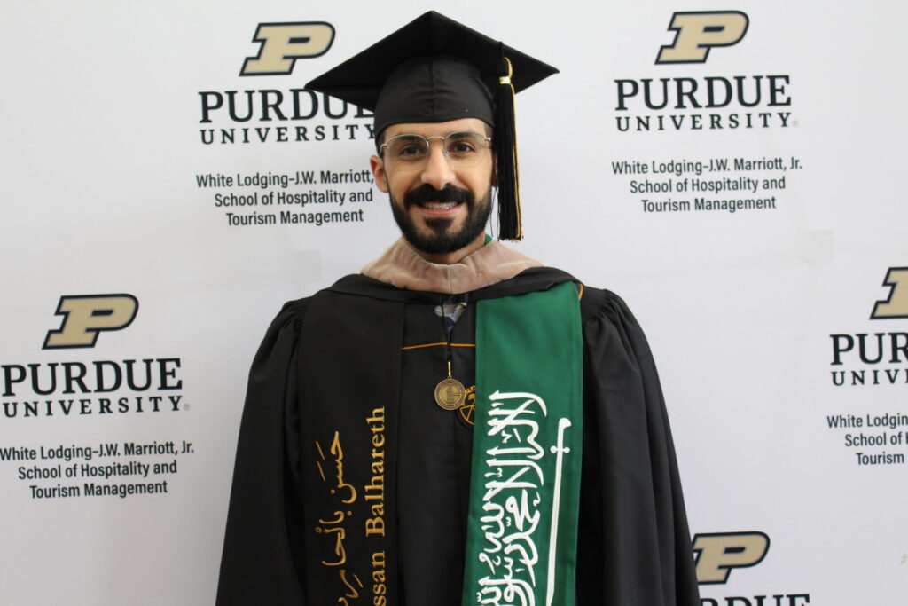 Scenes from Purdue HTM commencement and reception featuring graduates from undergraduate, master’s, and PhD programs.