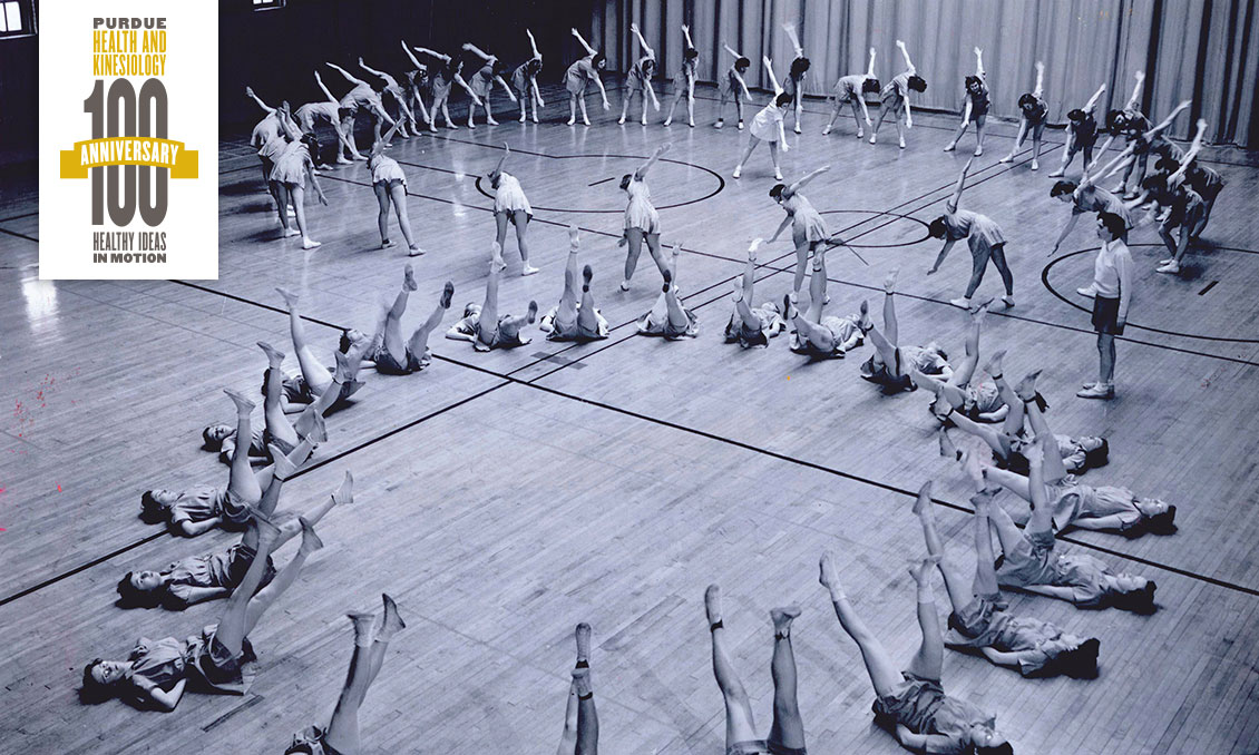 Purdue Health and Kinesiology 100th anniversary. Health ideas in motion. women's gym floor exercise circa 1950