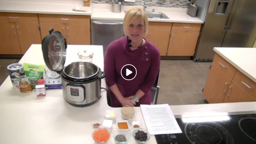 Monica Nagele, educator from Purdue University Health and Human Sciences Extension, demonstrates making Carrot Cake Steel Cut Oatmeal in an electric pressure cooker.