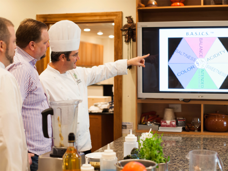 Chef Charlie Baggs points at a screen that illustrates what makes a good flavor profile.
