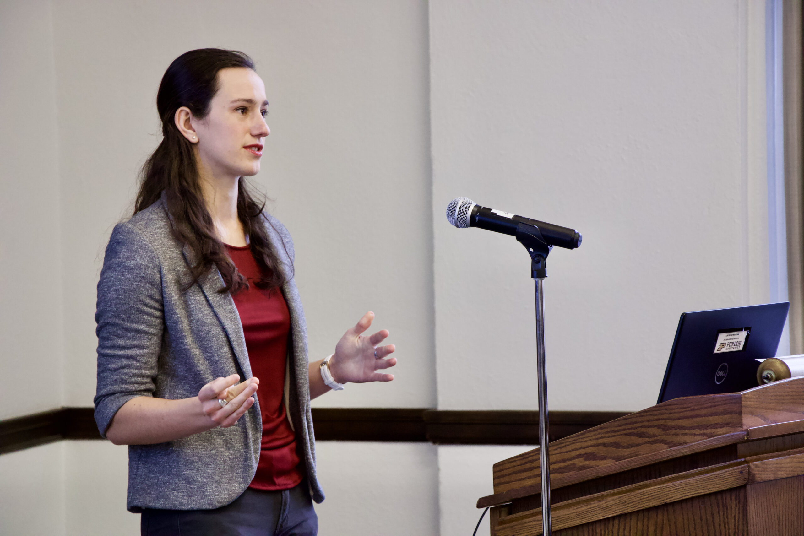 Emily Sandgren gives Three Minute Thesis presentation at a Purdue HHS event.