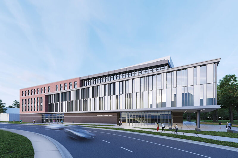 Rendering of the new building, which features large glass windows and red brick