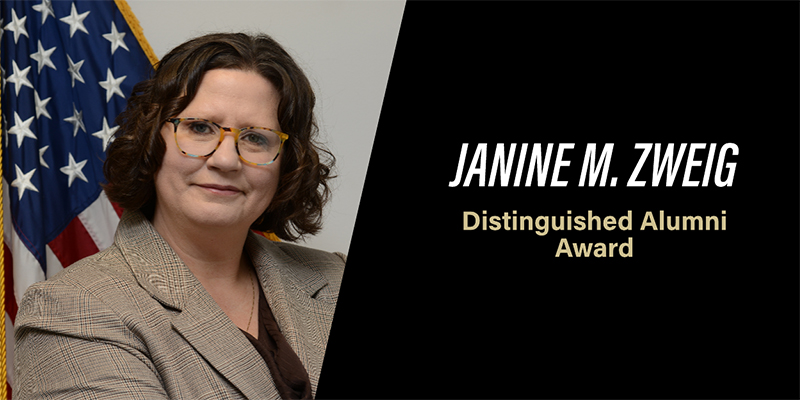 Banner with Janine Zweig's headshot that reads "Janine M. Zweig, Distinguished Alumni Award"