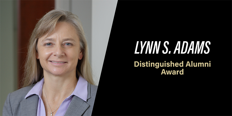 Banner with a headshot of Lynn Adams that says "Lynn S. Adams, Distinguished Alumni Award"
