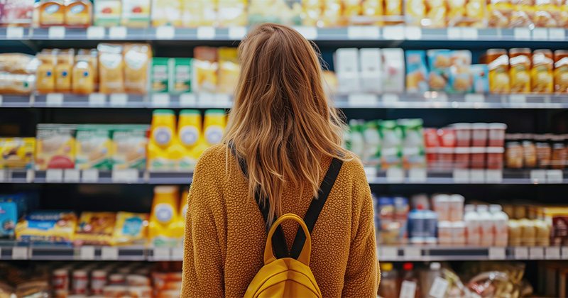 A woman stands in front of a set of grocery store shelves looking at the food packages. 