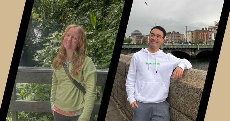 Sarah Mull stands in a forest, smiling, and Caleb Siekwandy stands on a bridge overlooking a river, smiling.