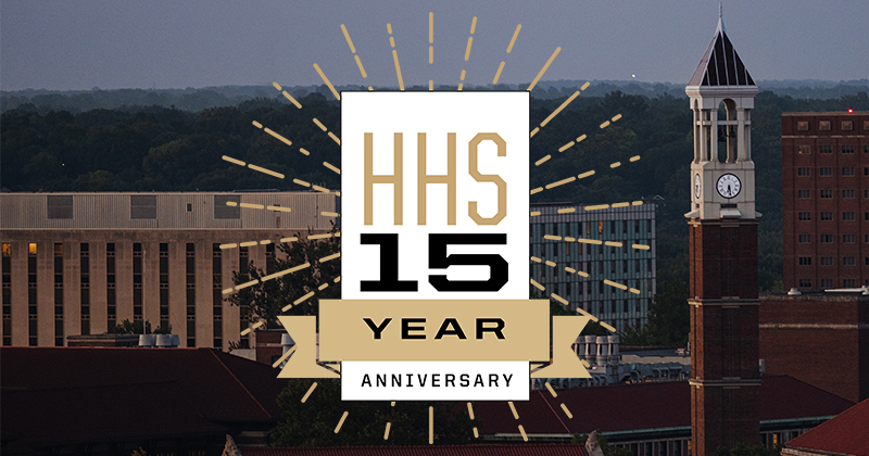 A campus scene with an "HHS 15 Year Anniversary" graphic overlayed.
