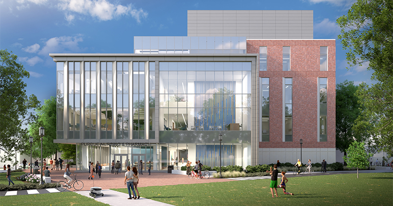 Building rendering with the text "Nursing and Pharmacy Education Building"