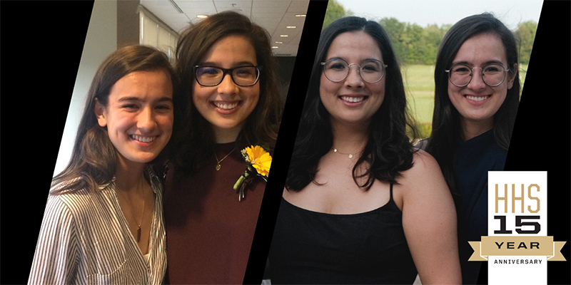 Side-by-side photos of the Ylo sisters during their college years and now stamped with the text "HHS 15-Year Anniversary" in the bottom right corner.