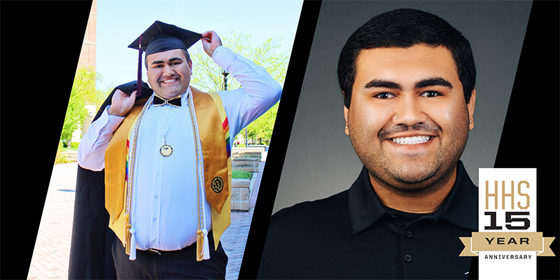 A graduation photo of Angel next to a headshot of him now, branded with the words "HHS 15-Year Anniversary."