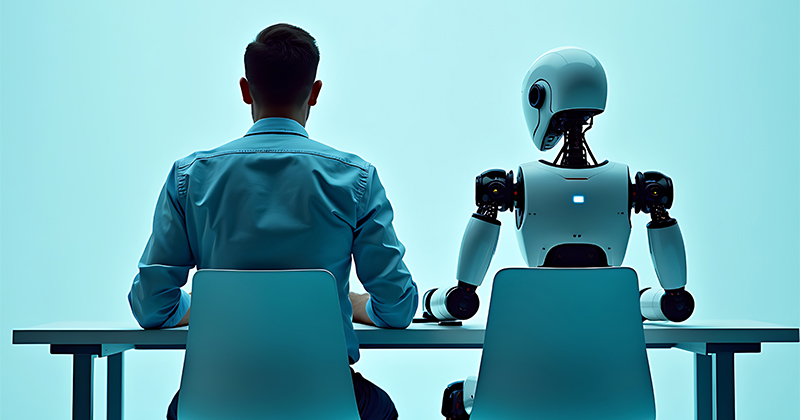 A human and a robot sit side-by-side at a desk, looking straight ahead.