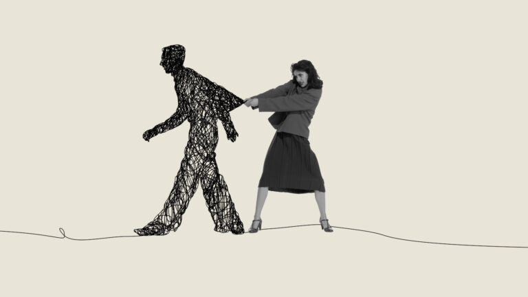 Expressive poster of woman pulling scribble man figure with emotional frustration. Concept of toxic dynamics, dependency, emotional tension, relationship struggle.