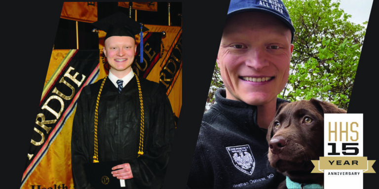 Promo image for alumni profile on Dr. Jon Oskvarek. Image shows him at purdue commencement and today holding a puppy while wearing a jacket with his hospital logo on it.