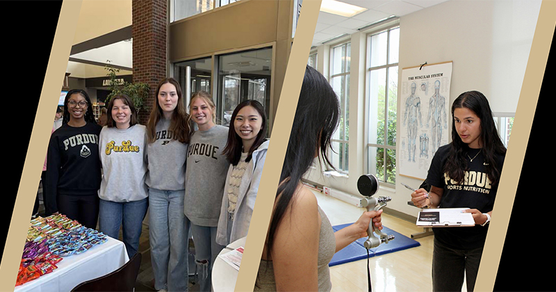 A designed graphic with a photo of students standing at a wellness fair behind a table, smiling, on the left and a photo of a student performing a fitness assessment on the right.