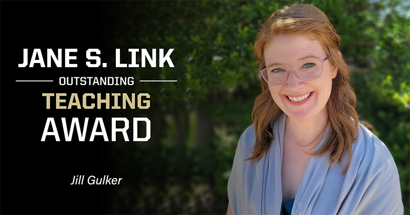 A photo of Jill Gulker with the text "Jane S. Link Outstanding Teaching Award, Jill Gulker"