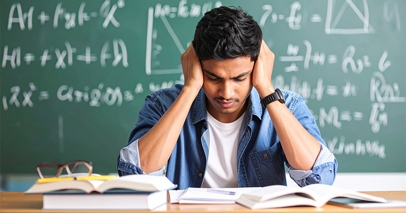 A young man in a denim shirt leans over textbooks with a stressed-out expression and his hands on his head. Math problems are written on a chalkboard behind him.