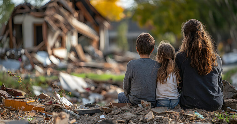 A family sits on rubble, looking at a burned house.