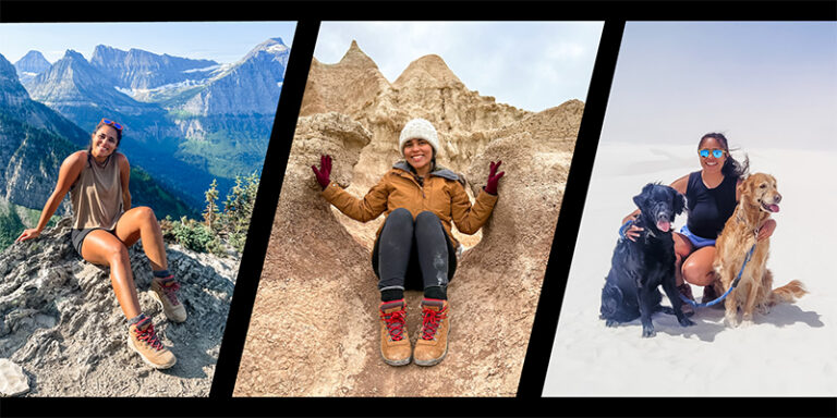 Three photos of Alyssa in different settings: the mountains, a canyon and salt flats.