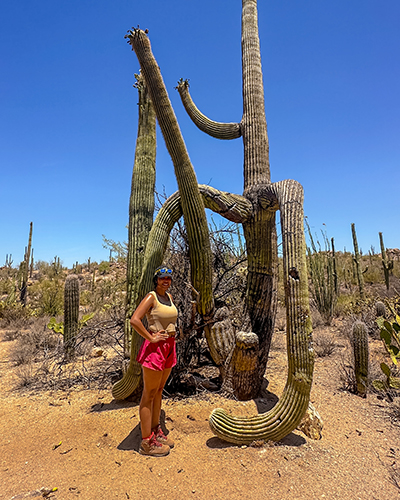 Alyssa Cutter stands next to a very tall cactus.