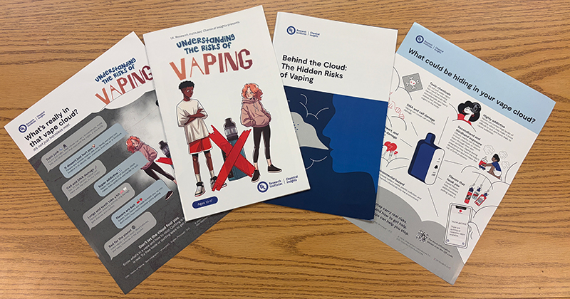 An image with various informative pieces about the dangers of vaping, including the comic book.