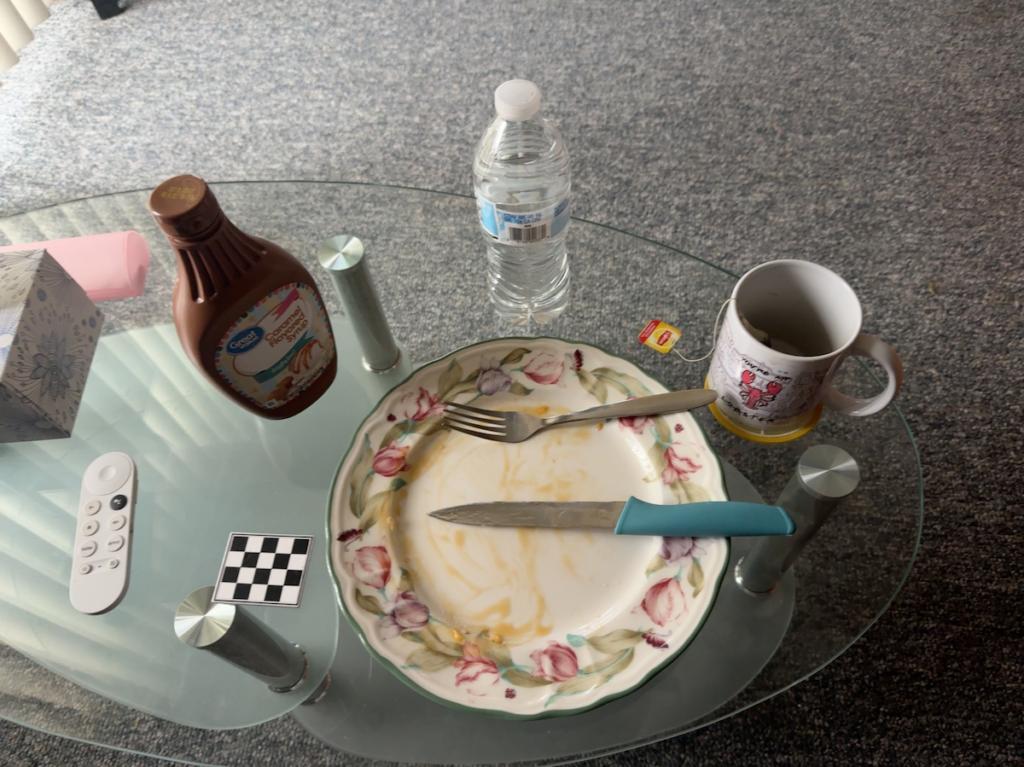 The plate after the meal. The participant cleaned their plate and drank their tea.
