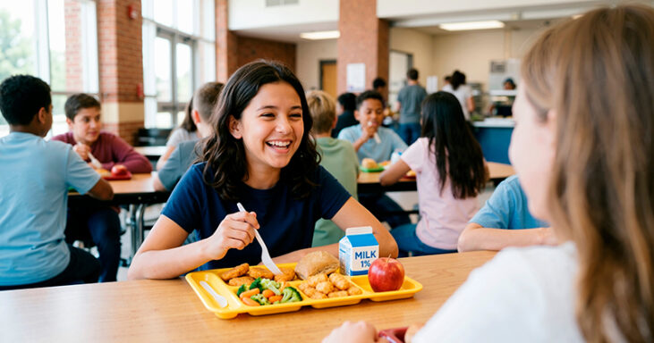 A stock image of a girl sitting in a cafeteria with a lunch tray in front of her. The girl is smiling and talking with the person across from her.
