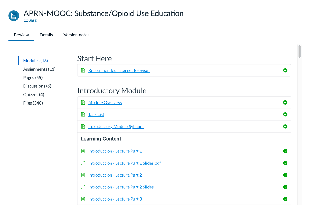 Screenshot of the course overview