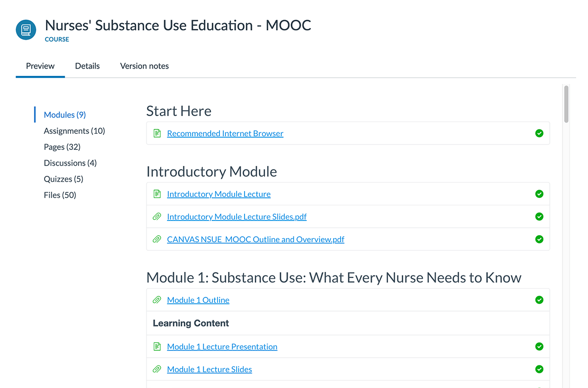 Screenshot of the course overview