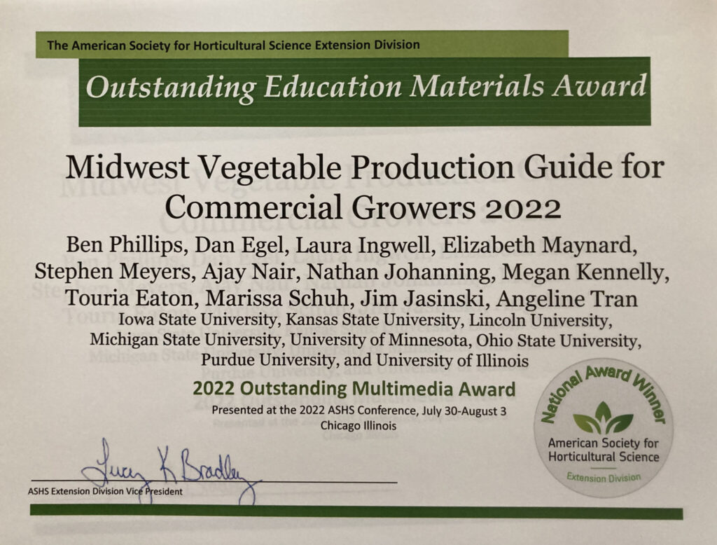 ASHS Award Certificate for Midwest Vegetable Production Guide for Commercial Growers 2022