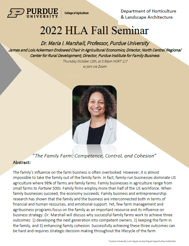 Flyer for 2022 HLA Fall Seminar with Dr. Maria I. Marshall, Oct. 13, 2022 at 3:30 PM in HORT 217 or via Zoom
