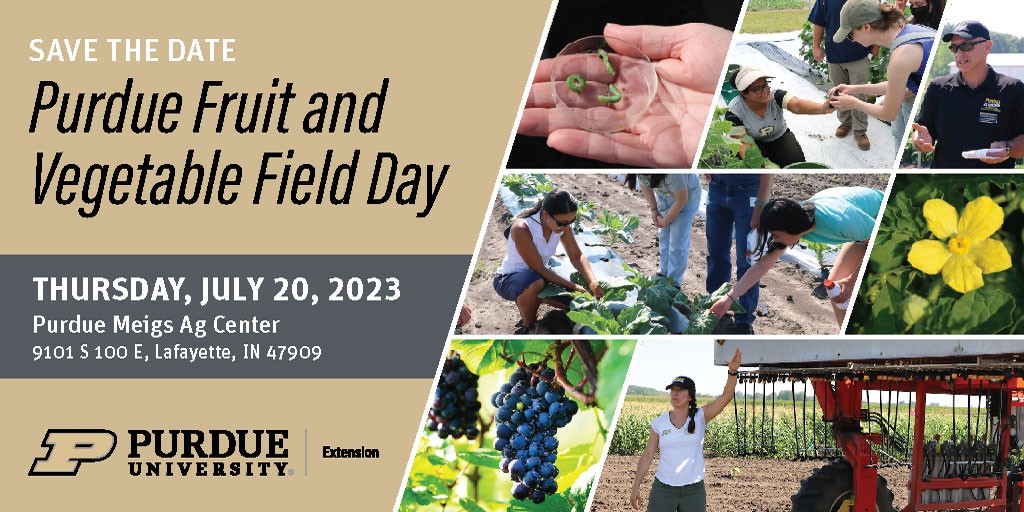 Save the Date flyer for the Purdue Fruit and Vegetable Field Day, Thursday, July 20, 2023 at Purdue Meigs Ag Center.