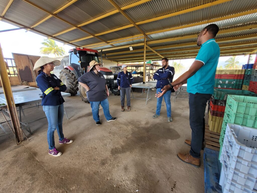 Linda Prokopy and others listening to a gentleman in an area where produce is processed.