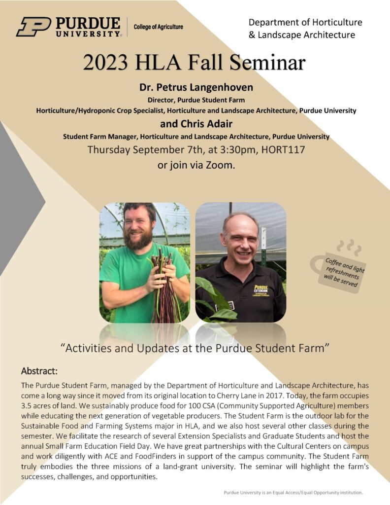 2023 HLA Fall Seminar flyer for Dr. Petrus Langenhoven and Chris Adair's presentation on the Purdue Student Farm.