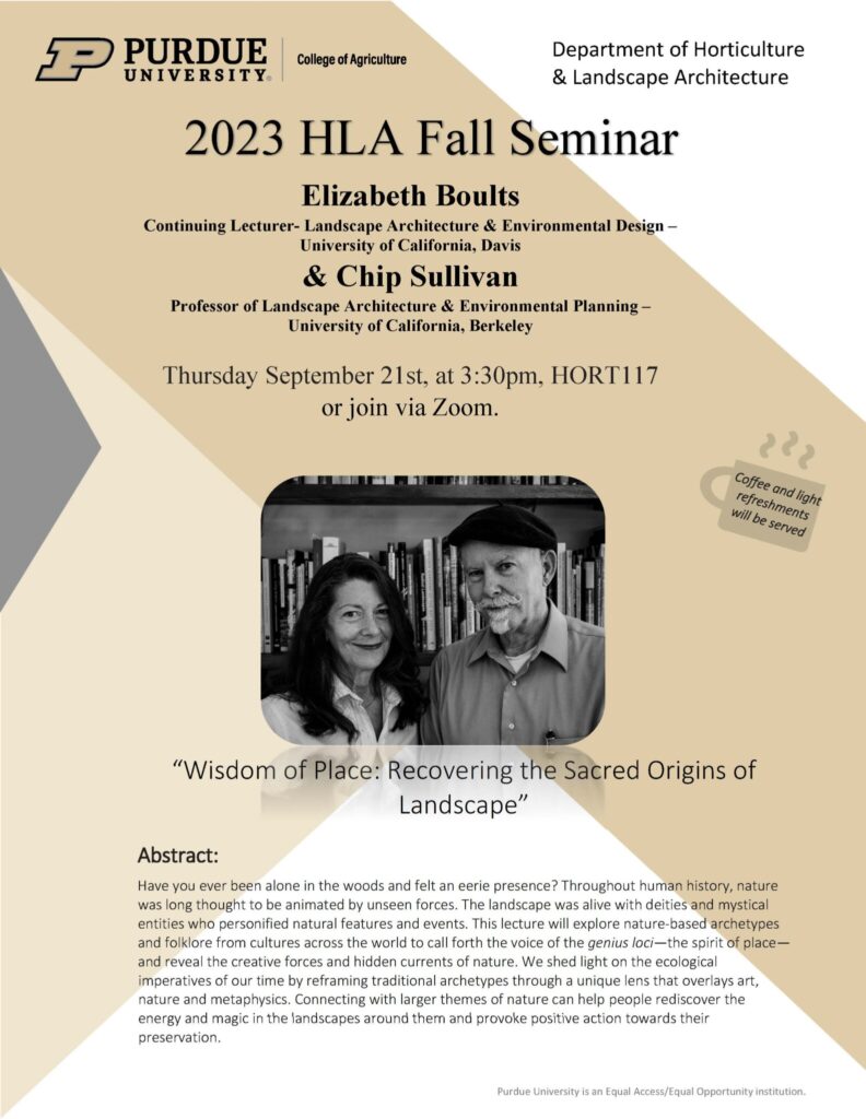 Flyer for 2023 HLA Fall Seminar: Elizabeth Boults and Chip Sullivan - Wisdom of Place: Recovering the Sacred Origins of Landscape.