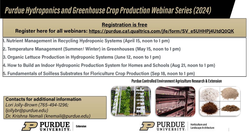 Flyer for the 2024 Purdue Hydroponics and Greenhouse Crop Production Webinar Series.