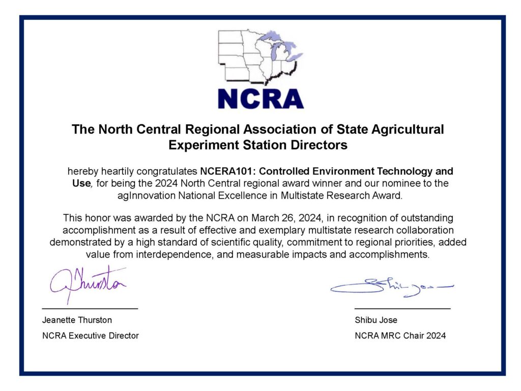 Screenshot of certificate for nomination of the AgInnovation National Excellence in Multistate Research Award.