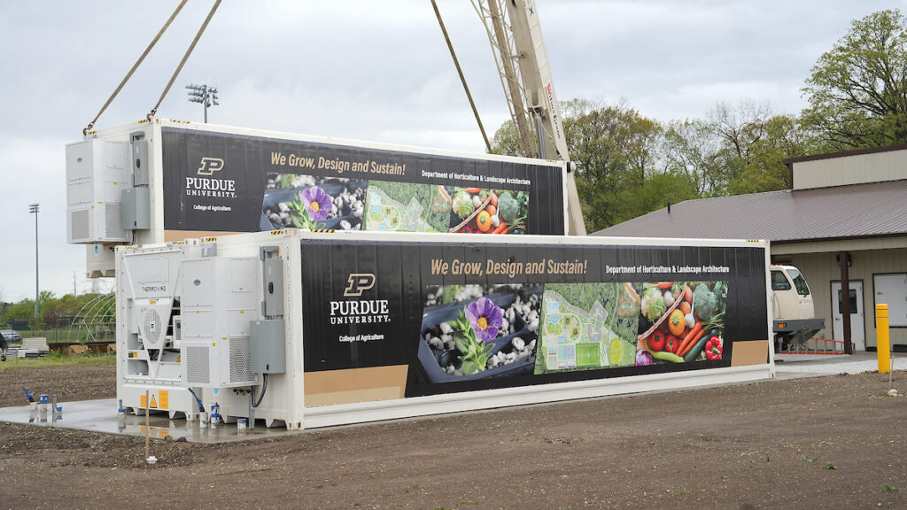 Three shipping container boxes delivered to the Purdue Student Farm where they will be used to grow lettuce year-round.